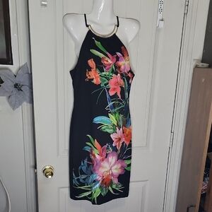 Floral Halter Neck Dress - Black with Multicolor Floral Print